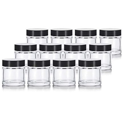 Clear 1 oz / 30 ml Thick Wall Glass Straight Sided Jar with Black Smooth Lids (12 Pack) Airtight, Smell Proof, BPA Free Lids