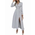 thumbnail image 2 of Women Deep V Neck Long Sleeve Slit Fall Elegant Formal Wedding Guest Evening Date Prom Maxi Long Dress Light Grey S, 2 of 9