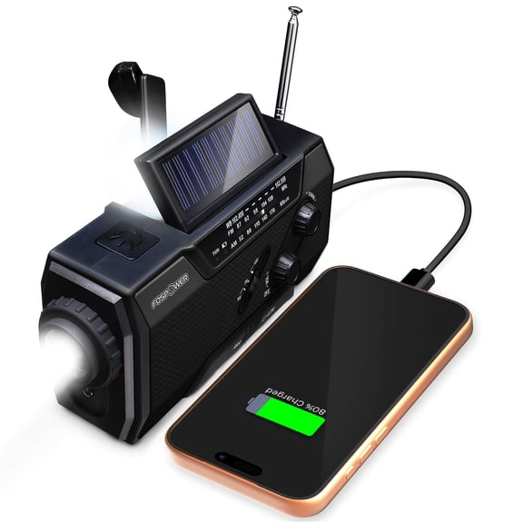 FosPower Solar Hand Crank Emergency Radio with Flashlight Cell Phone Charger, AM/FM/NOAA Weather Radio Power Bank, IPX3 SOS Alarm Reading Lamp, Black