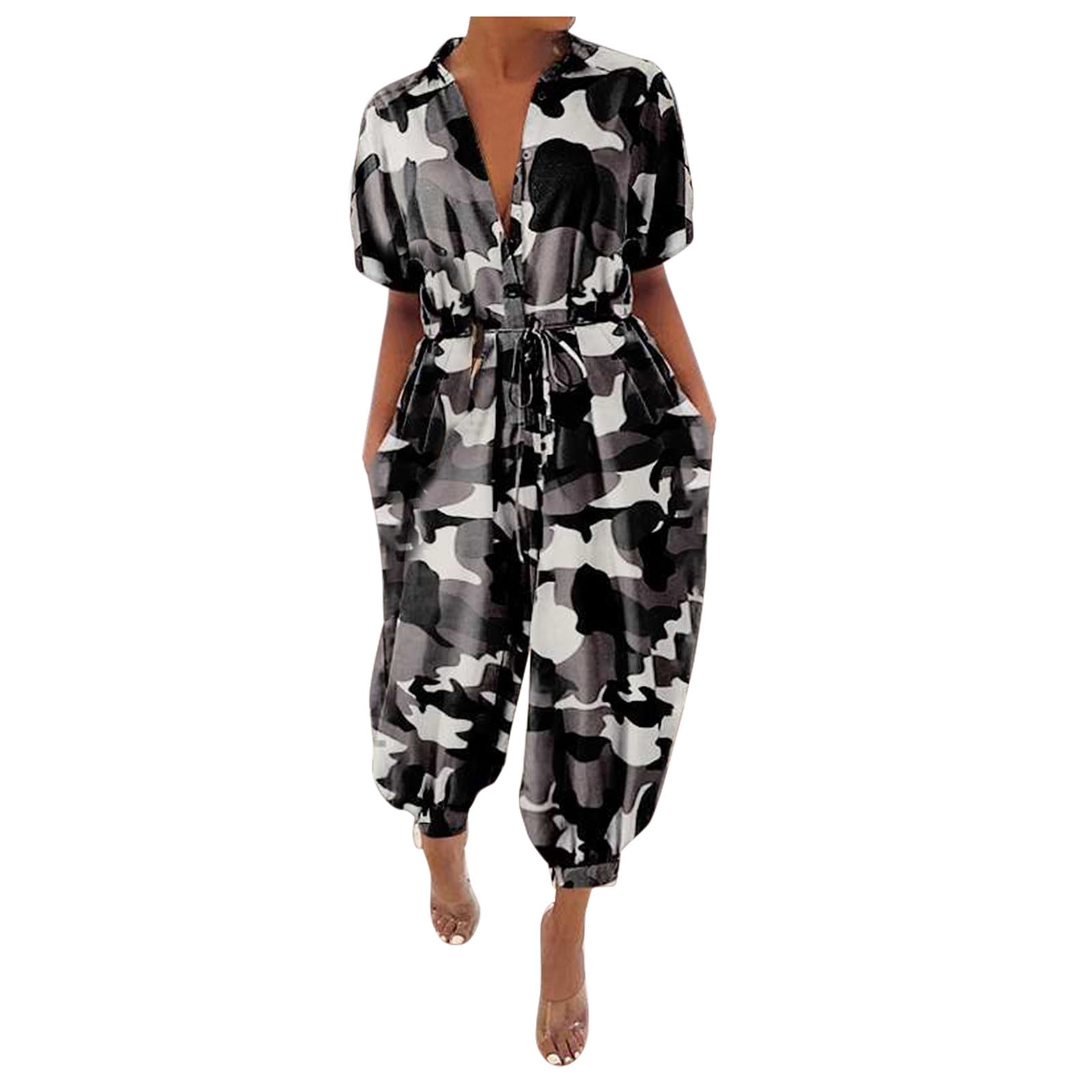 YWDJ Plus Size Jumpsuits for Women Casual Camo Fancy Bandage Long Pant Ladies  Travel Comfortable 2023 Vacation Flowy Rompers Jumpers and Rompers Casual  Short Sleeve Printing Buttons Camouflage XXXXXL 