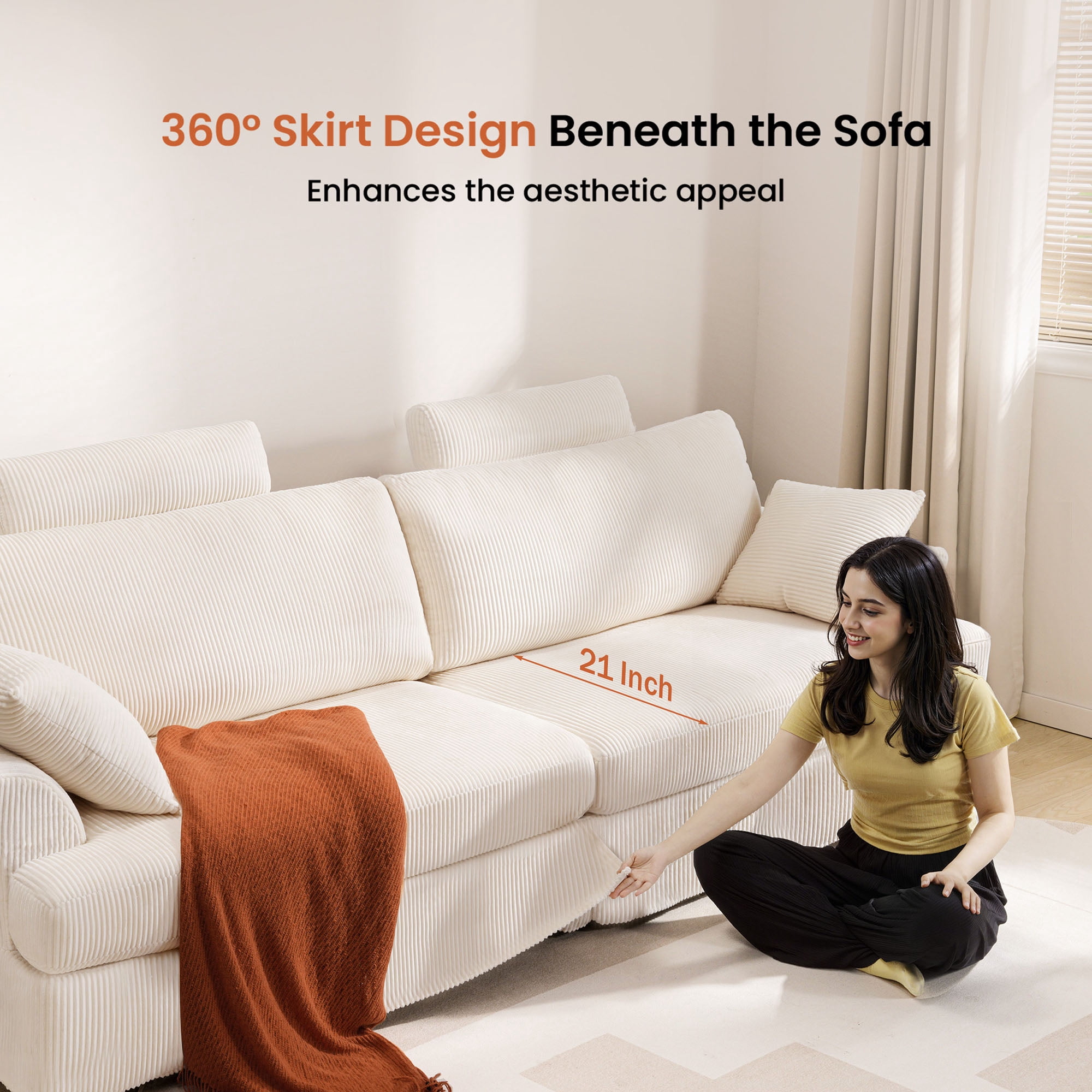 87" Cloud Comfy Sofa Couch with Deep Seat and Thick Cushion, Corduroy Upholstered Fabric Soft Couch for Living Room Office, Beige (Includes Headrest)