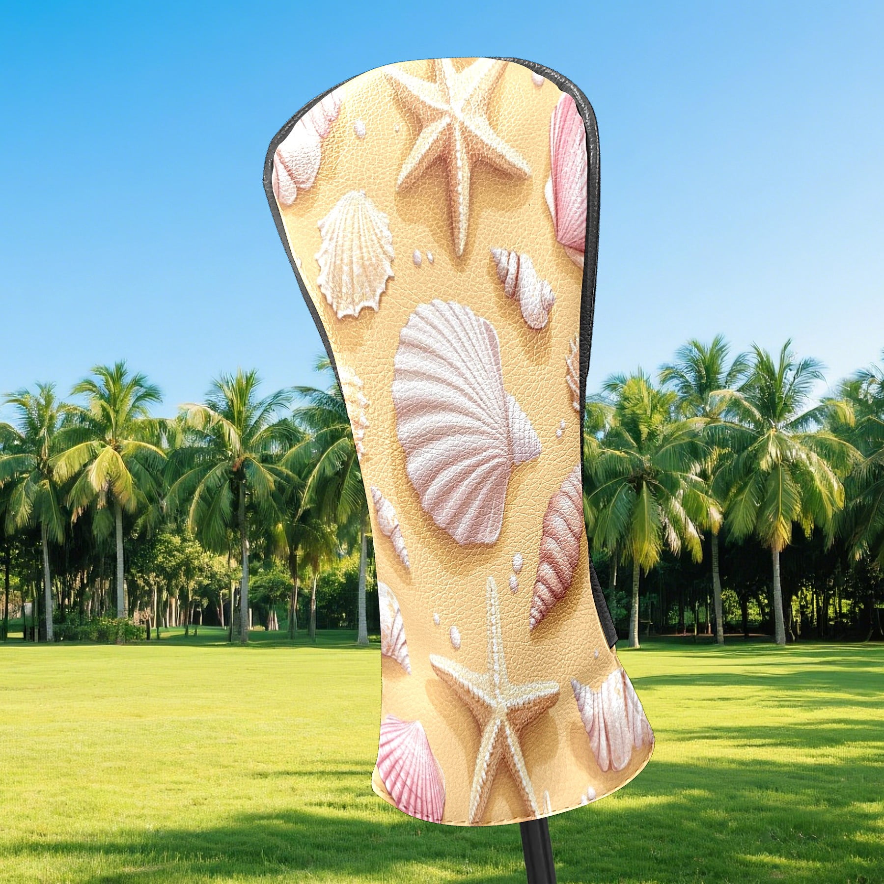 Golf Head Covers Nautical Shell & Starfish Pattern for Driver, Wood & Hybrid, Premium Waterproof PU Leather with Plush Lining, Unique Golf Gifts