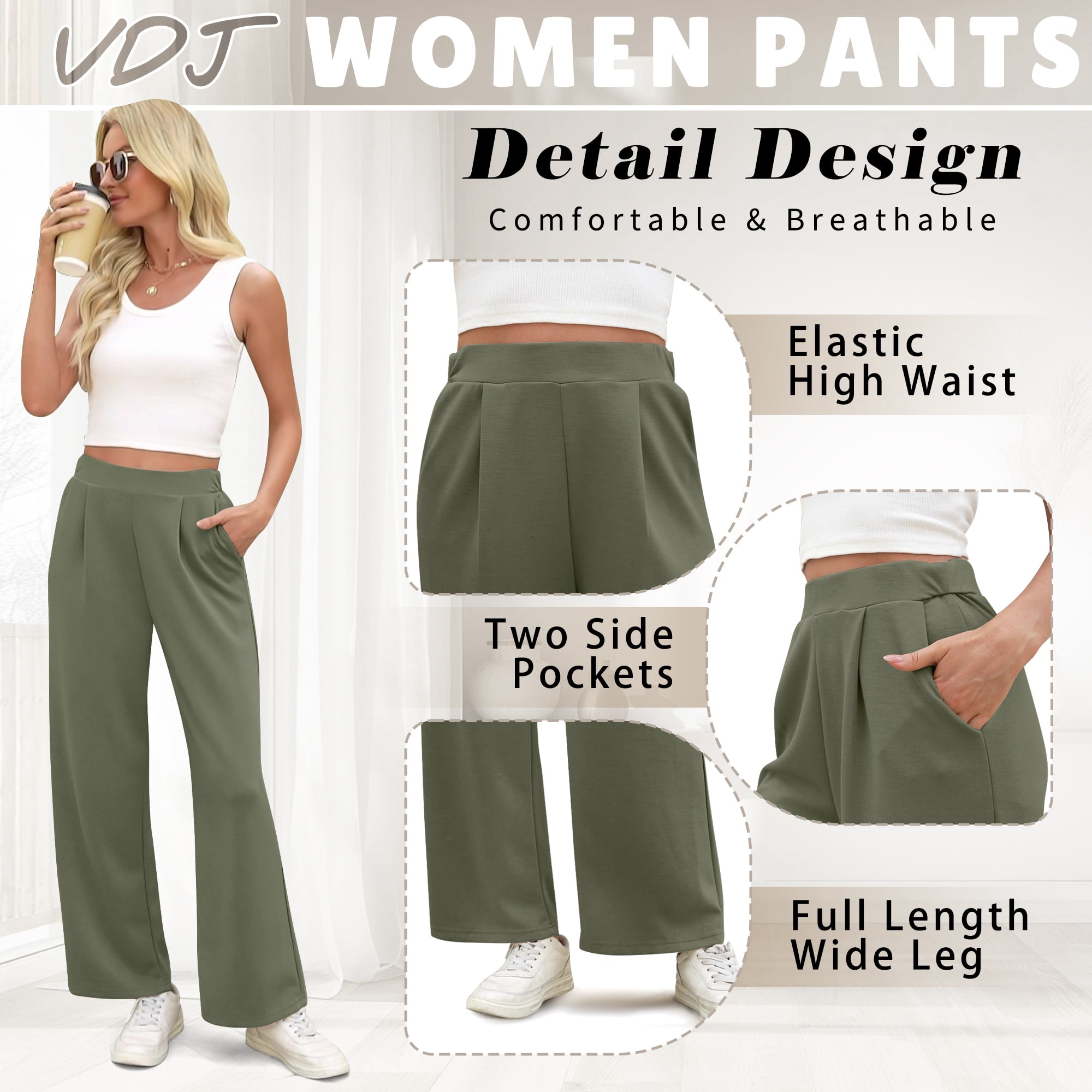 VDJ Women Casual Pants Elastic Waist Stretch Sweatpants Wide Leg