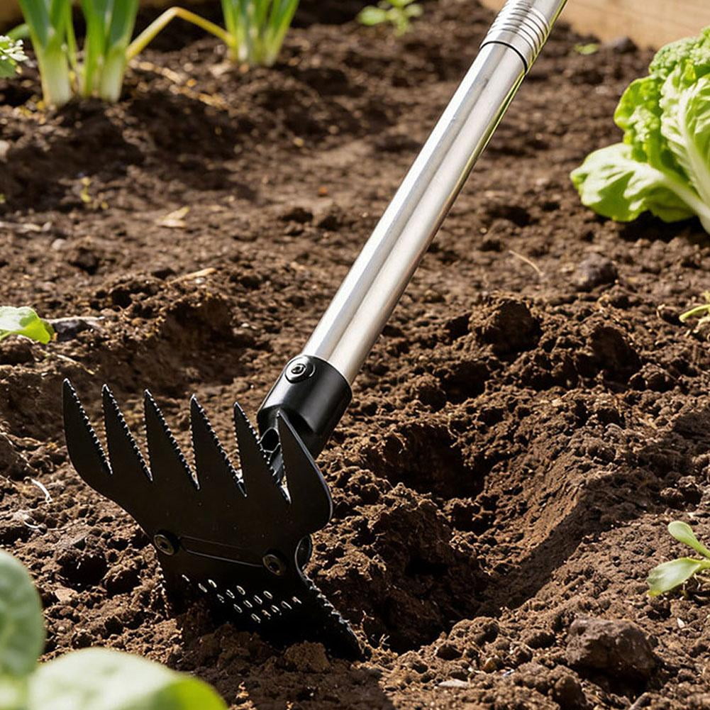 Manual Weeding Tool with Adjustable Long Handle 14 to 40 Inches, 6 Tine Heavy Duty Garden Weed Puller Rake for Lawns and Flower Beds, Removal Tool for Soil Aeration and Yard Maintenance