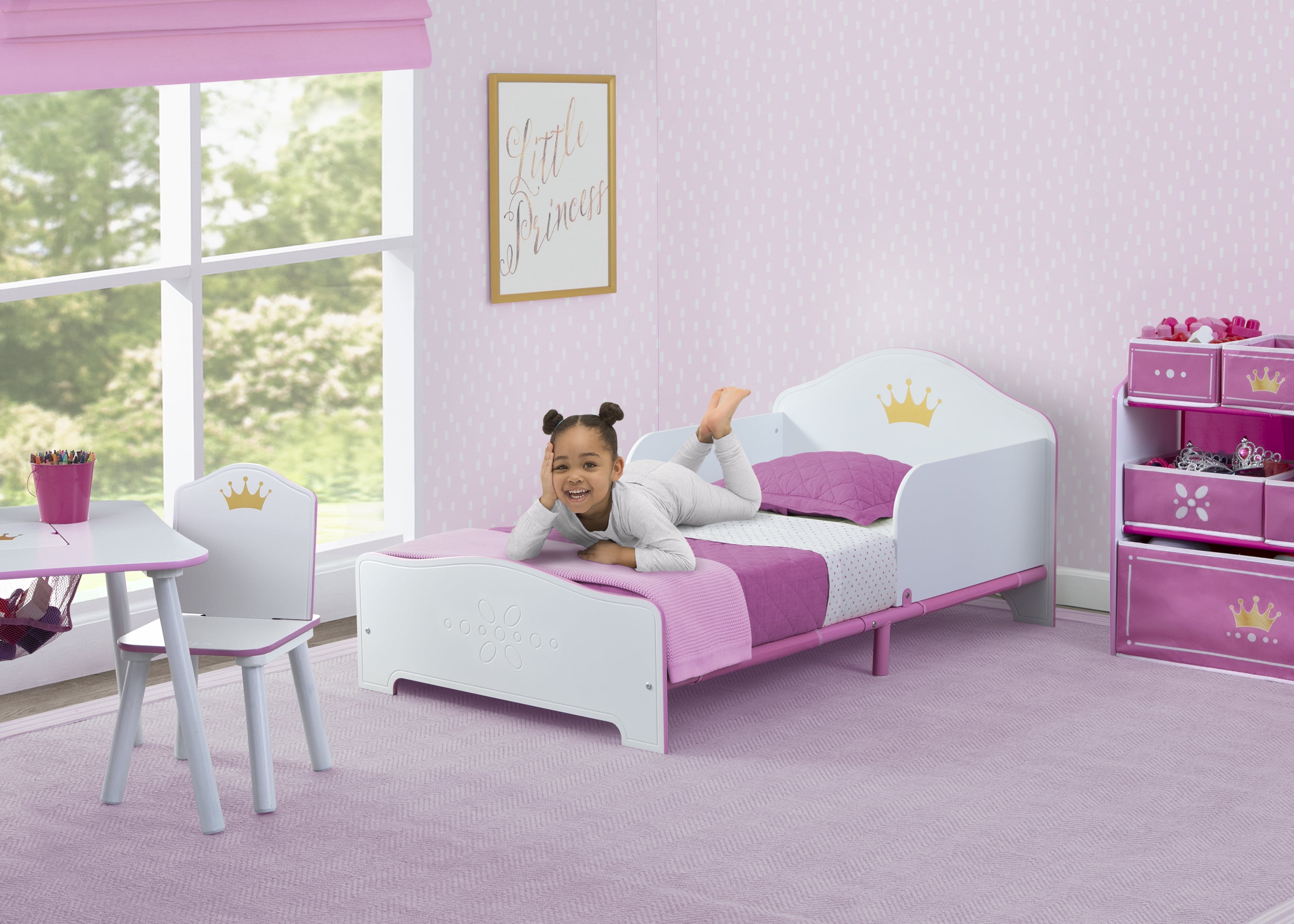 Delta Children Princess Crown Wood Toddler Bed with Fabric Mattress Support, Greenguard Gold Certified, White/Pink