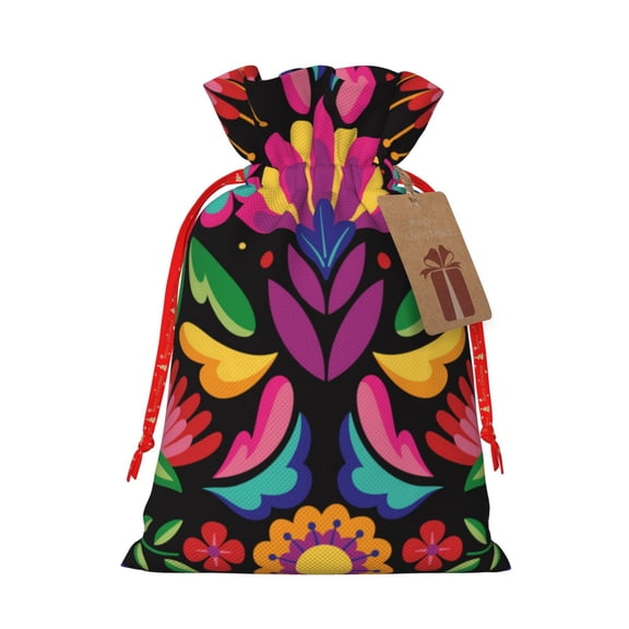 Naloa Colorful Floral Embroidery Mexican Drawstring Christmas Bags, 3D Xmas Gift Bags, Christmas Wrapping Bags, Xmas Goodie Bags, Treat Pouch Bags, Party Favor Bags-Small