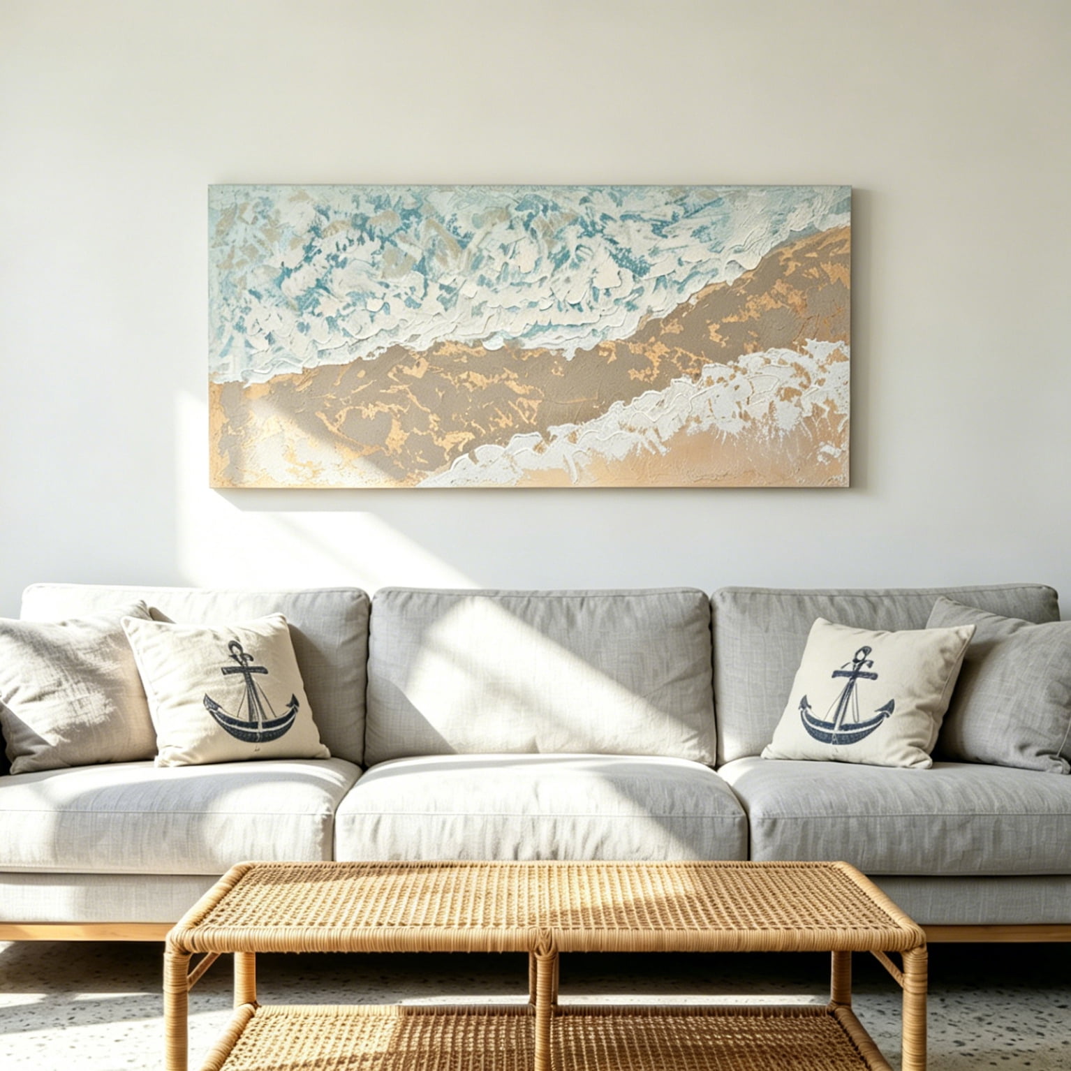 Euroco Beach Landscape Canvas Wall Art, Abstract Seascape Print, Textured Ocean Scene Sea Painting Seaside Seashore Artwork for Living Room Bedroom Bathroom 24x48 inch