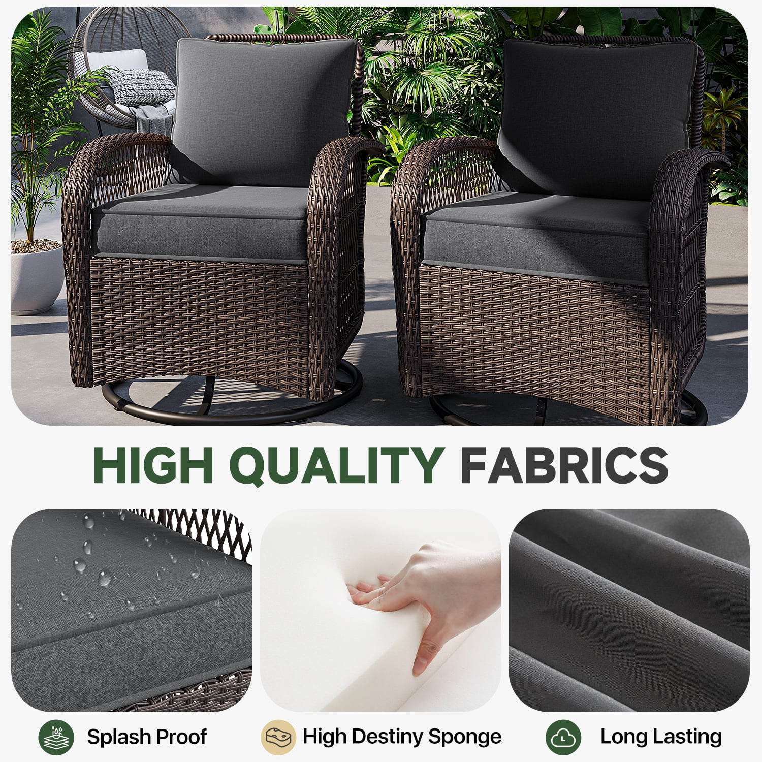 BaPiPro 4pcs Outdoor Patio Chair Cushions,Waterproof Seat & Backrest Cushion Set for Wicker Rattan Chair, Deep Seat Patio Furniture Cushions for Garden Backyard Porch, Dark Gray