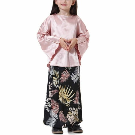 

Herrnalise Muslim Long Dress Medium Big Girls Long Sleeve Round Neck Colorblock Top Skirt Set