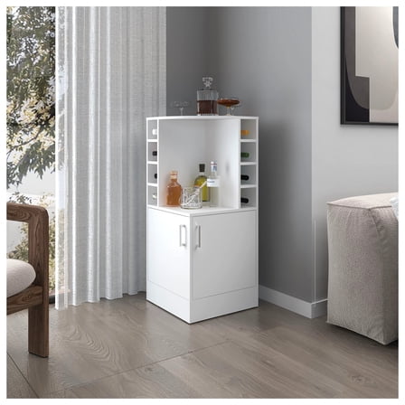 White Corner Bar Cabinet with Bottle Rack and Open Shelf Freestanding   5 or More Shelves   White   White   Primary Living Space   Shelves Included   Particle Board