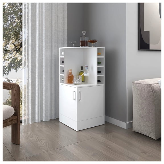 White Corner Bar Cabinet with Bottle Rack and Open Shelf Freestanding   5 or More Shelves   White   White   Primary Living Space   Shelves Included   Particle Board