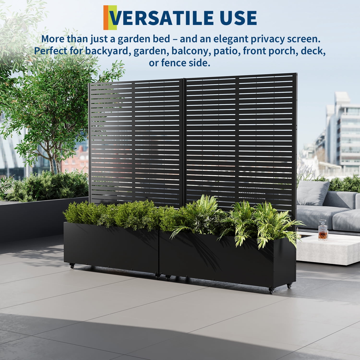 Ataucjin 16" Deep Planting Bed with Drainage Holes,Metal Planter Box with Trellis, Raised Garden Bed with Wheels, Deep Privacy Screen for Climbing Plants,47"X16"X71"