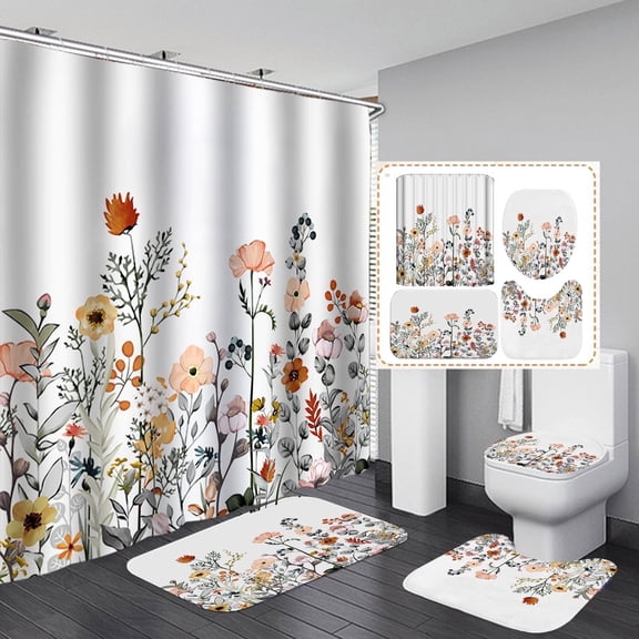 Boho Floral Shower Curtain Sets with Rugs, Colorful Flower Bathroom Set of 4, Waterproof Fabric Bathroom Curtain Decor with Mats