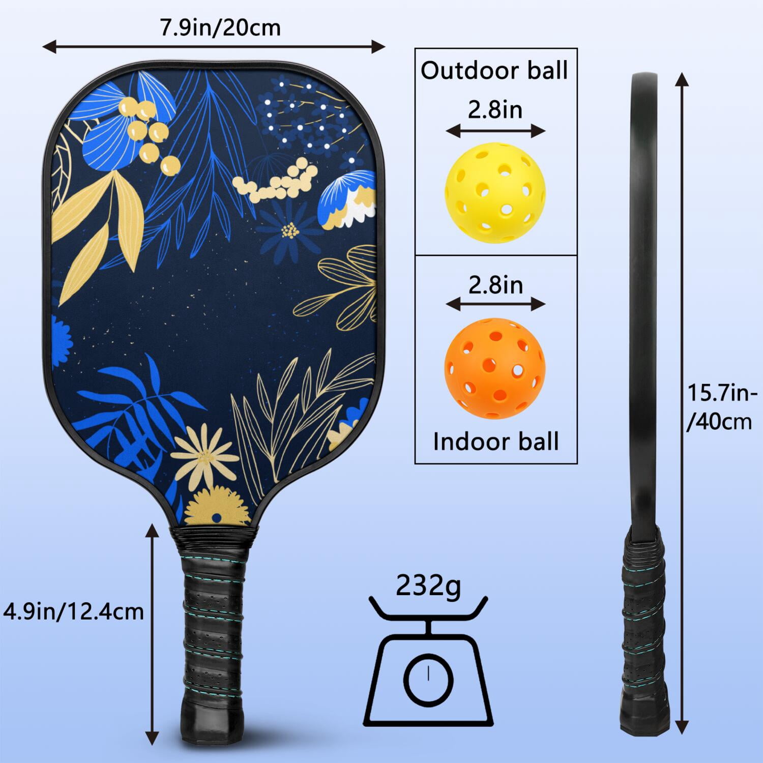 Pickleball Paddles Set Of 1, Fiberglass Surface, Vintage Floral Print, 1 Paddle, 2 Balls & Bag