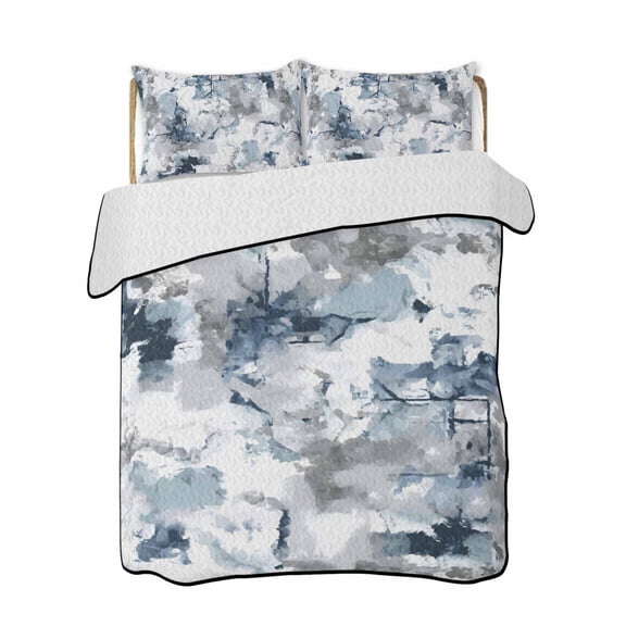 Full Size Quilt Bedding Set, Blue Grey Reversible Summer Quilt 3 Pieces, Modern Watercolor Ink Painting Art Abstract Lightweight Bedspreads Coverlets with 2 Pillow Shams for All Seasons