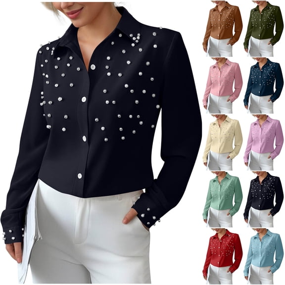 Otntypg Women's Pearl Elegant Tops Button Down Shirts Dressy Casual V Neck Solid Color Long Sleeve Work Office Collared Tunic Blouse Brown M