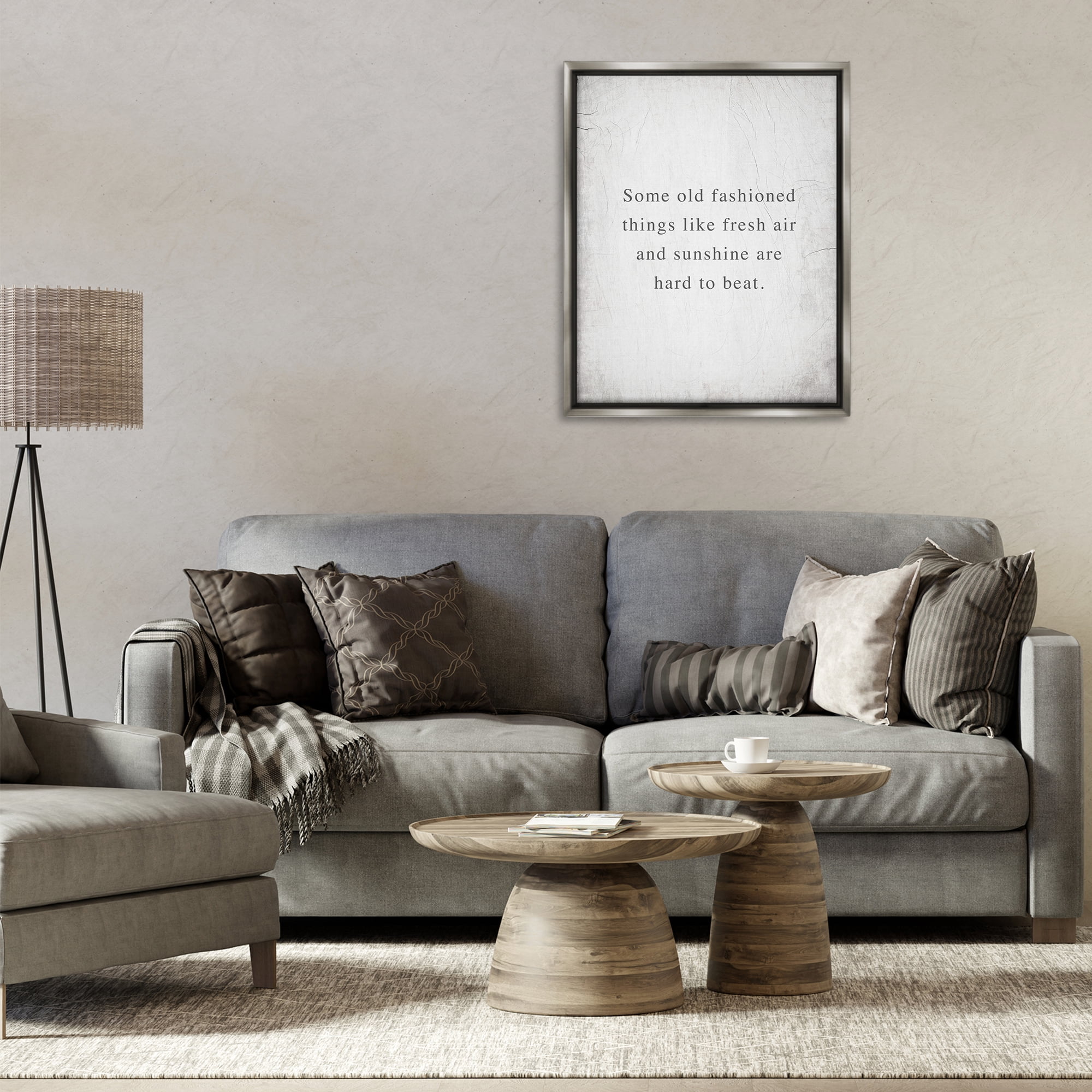 Stupell Industries Fresh Air & Sunshine Sentiment Text & Numbers Painting Gray Floater Framed Canvas Art Print Wall Art, 25 x 31