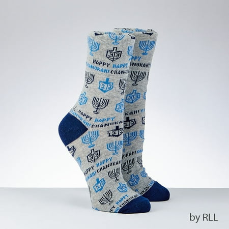 Rite Lite 14.5" Hanukkah "Happy Chanukah" Unisex Adult Crew Socks Gray/Blue - One Size
