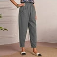 thumbnail image 4 of QUYUON Womens Hiking Pants Women Fashion Elastic Waist Casual Solid Color Straight Leg Cotton Linen Cropped Pocket Trousers Women Cargo Pants Long Pant Leg Length Joggers Pant Style N-272 Gray L, 4 of 9