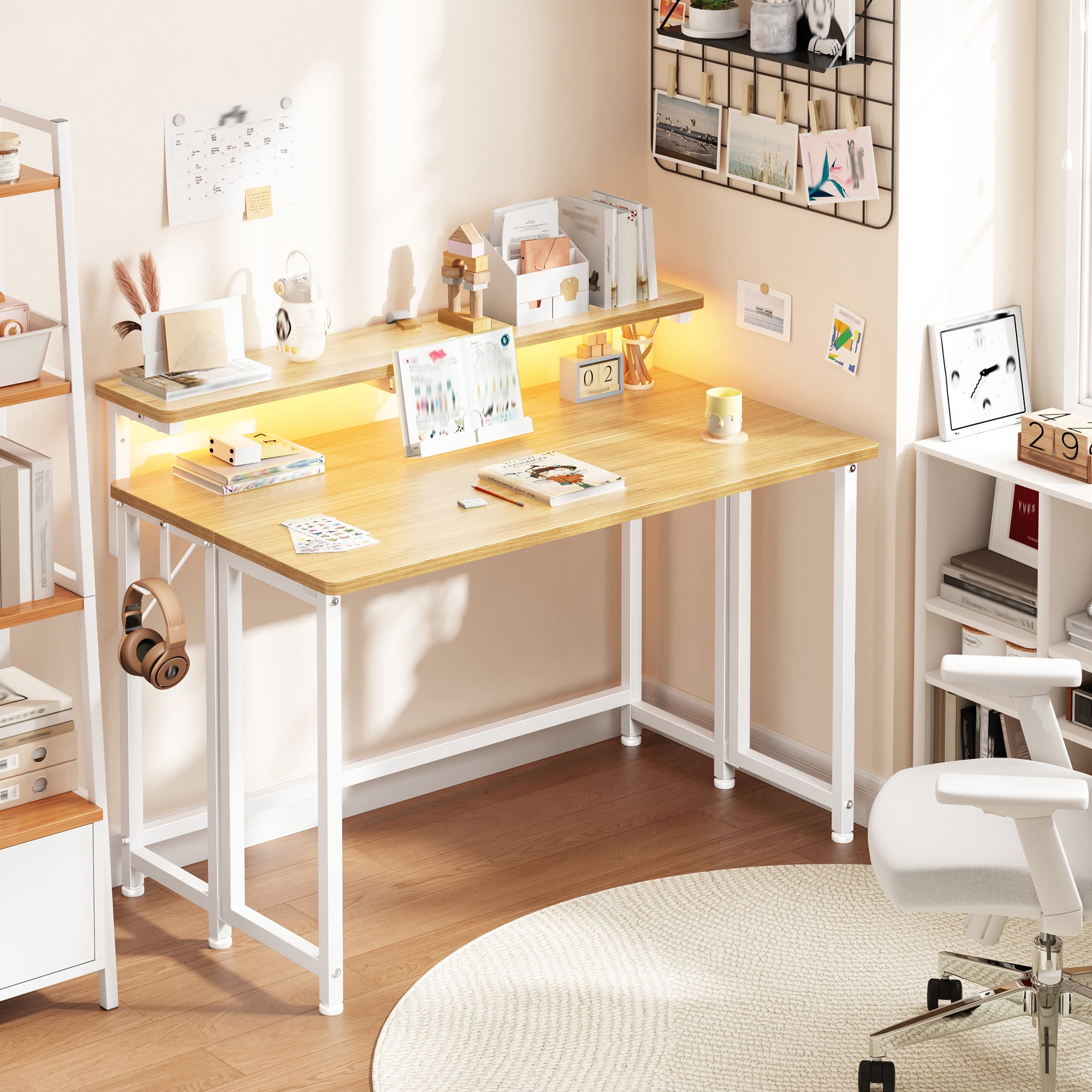 Romorgniz 39.4"D Office Desk with LED Lights & Hooks, Folding Desk for Small Spaces, Space Saving Sofa Table for Couch, Reading Table for Living Room, Oak