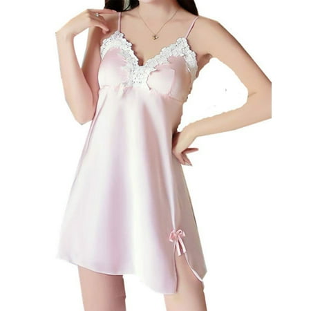

Women Spaghetti Strap V Neck Satin Chemise Nightgown Lace Lingerie Full Slip Dress