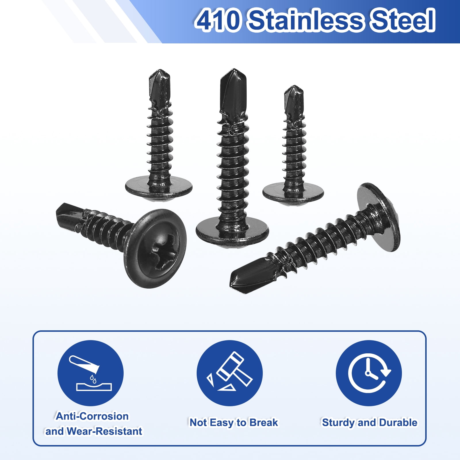 200Pcs #8x1" Self-Tapping Screws, 410 Stainless Steel Phillips Self Drilling Screws Flat Head Sheet Metal Screws for Industry, Furniture Repair, Black
