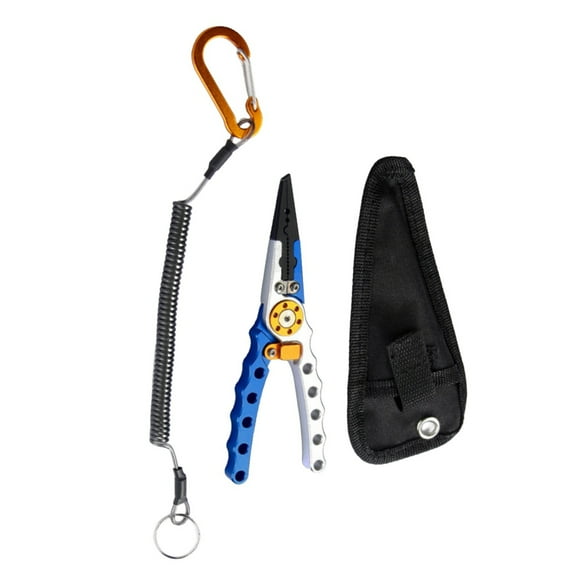 TAPDRA Fishing Pliers with Braided Line Cutters Split Ring Hook Opener Aluminum Stainless Steel Blue Silver Lanyard Pouch
