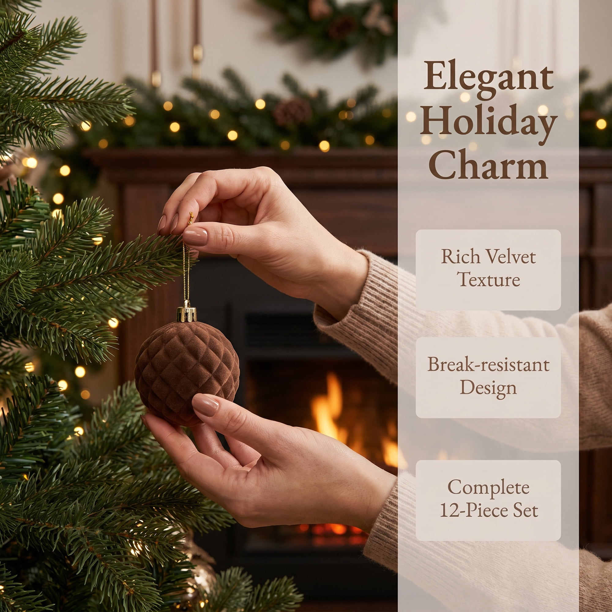 Unique Bargains Velvet Christmas 12 Pack Flocked Sphere Orbs Luxury Ornaments Coffee 2.4"