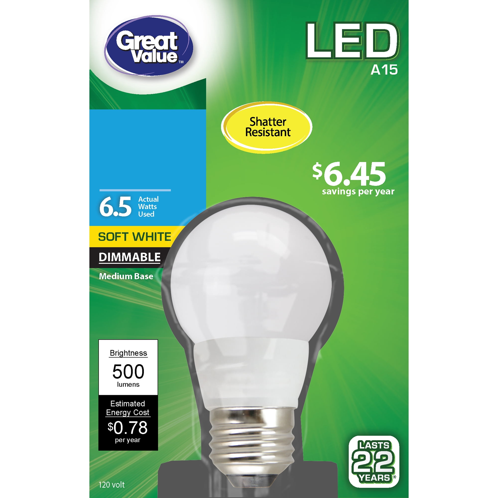 Value LED Light Bulb, 6.5W (60W Equivalent) A15 Ceiling Fan Frosted Lamp E26 Medium Base, Dimmable, Soft White, 1-Pack - Walmart.com