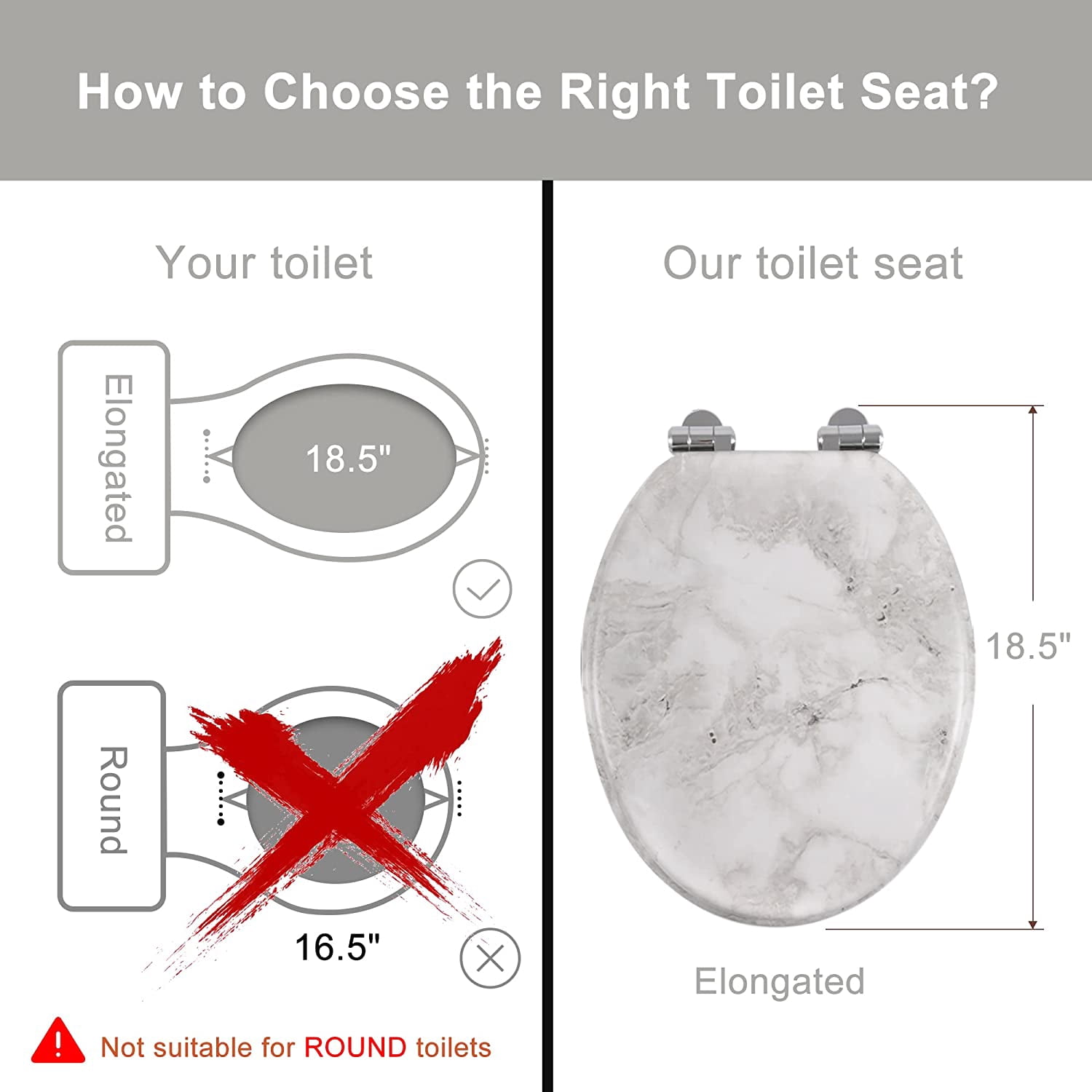 Marble Toilet Seat Durable Molded Wood with Quiet Close,Easy Clean Quick-Release Hinges (Elongated,Gray Marble)