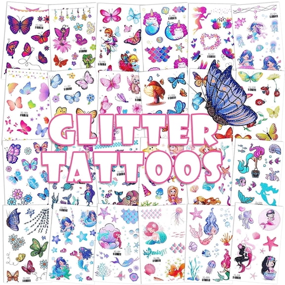 24 Sheets Glitter Temporary Tattoos for Kids, Butterfly Mermaid Fairy Flower Tattoo Stickers, Waterproof Fake Tattoos for Birthday Party Favors Goodie Bags Stuffers Party Fillers
