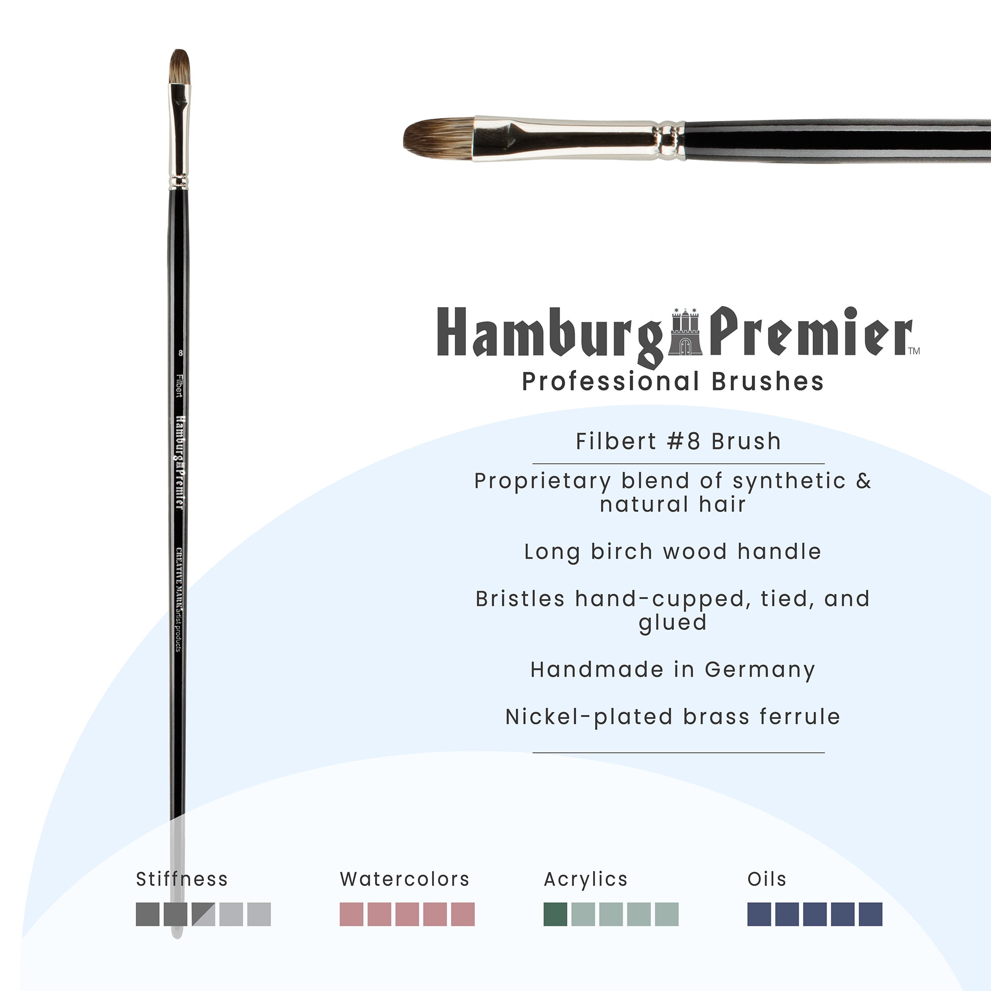 Creative Mark Hamburg Premiere Professional Oil Painting Brushes - Filbert #8 Oil Paint Brush - Handmade in Germany, Natural & Synthetic Hair Blend, Long Triple-Lacquered Birch Handle