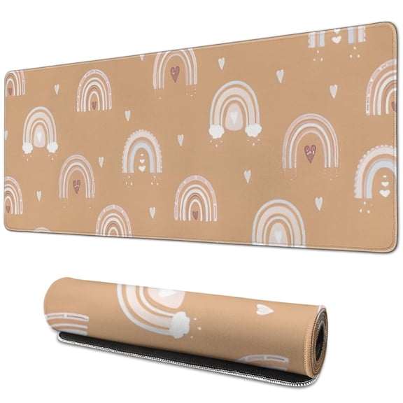 Long Mouse Pads for Desk,Brown Boho Bohemia Rainbow Hearts Desk Mats on Top Of Desks, Desk Mouse Pad Extra Large with 3mm Non-Slip Base and Stitched Edge for Gaming,Work,Home 31.5"x11.8"