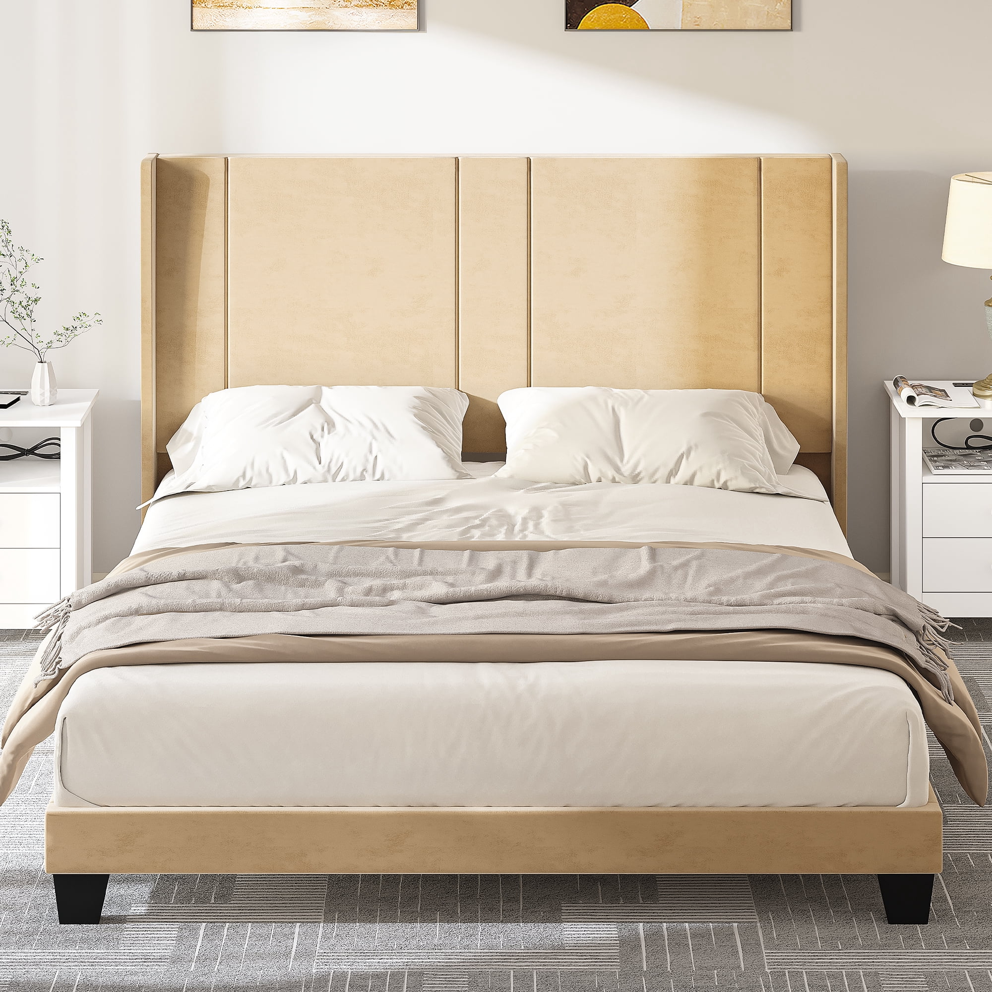 Uforic Queen Size Upholstered Bed Frame with Beige Velvet Headboard and Wingback, Strong Wood Slats Support Mattress Foundation, No Box Spring Needed, Perfect for Adult, Beige