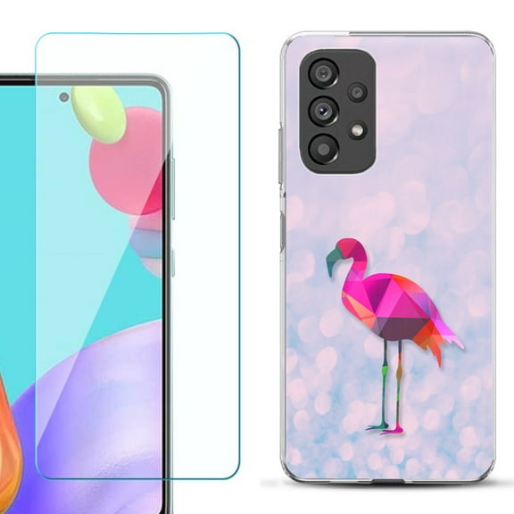 Slim-Fit Fashion Phone Case for Samsung Galaxy A53 5G, with Tempered Glass Screen Protector, by OneToughShield ® - Flamingo / Polygon