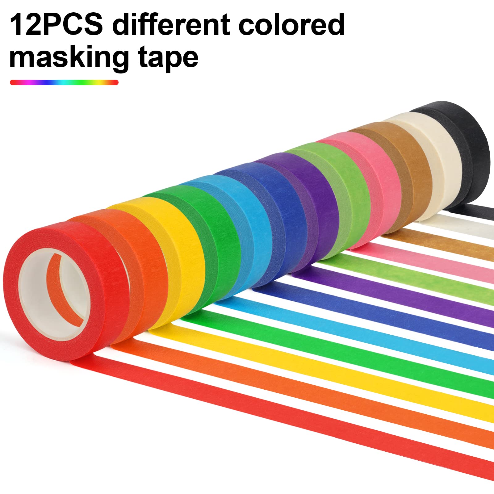 12PCS Colored Masking Tape,DIY Craft Tape, Colored Tape Rolls, Colored Painters Tape, 1.7cm x 12m (2/3In x 13Yards)
