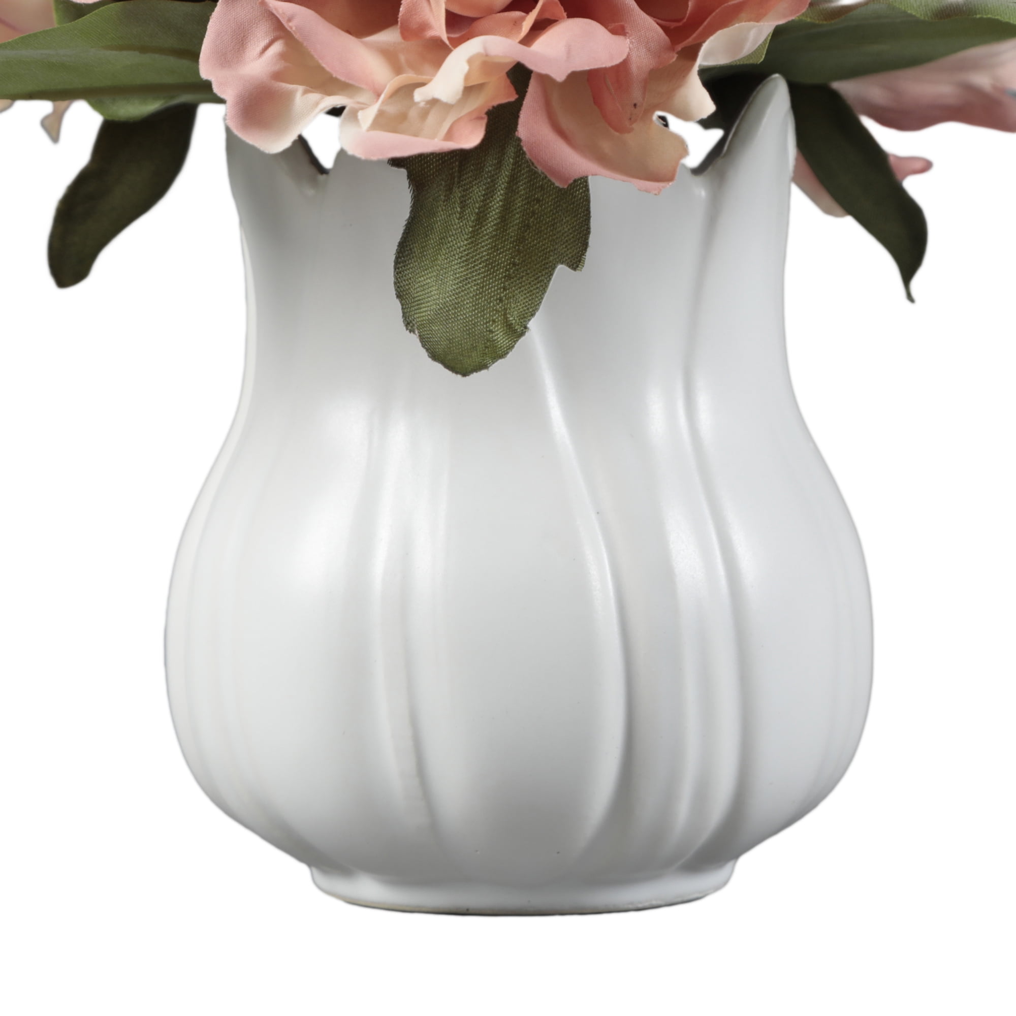 Mainstays 7.5" Artificial Peony Flowers in White Ceramic Tulip Pot – Faux Floral Arrangement for Tabletop Decor, 1 lb