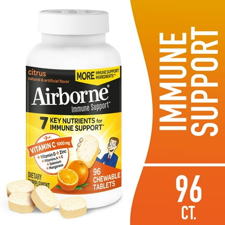 Airborne 1000mg Vitamin C Immune Support Chewable Tablets, Multivitamin Supplement, Citrus Flavor, 96 ct