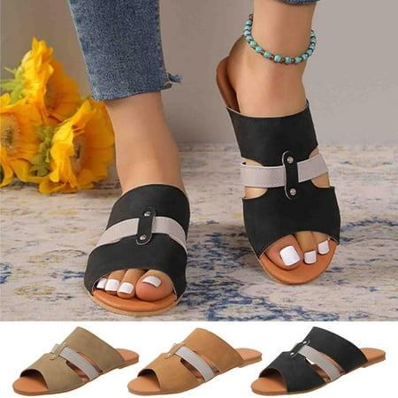 

Cethrio Womens Summer Comfort Flats Sandals- Flat Slides Sandal Comfy Soles on Clearance Wide Width Khaki Dressy Sandals/ Slides Size 7