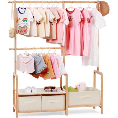Bamboo Kids Clothing Rack with Triple Hanging Poles, Child Dress Up Rack, Small Organizer Garment Rack with 3 Storage Bins, for Costumes and Accessories (Natural color)