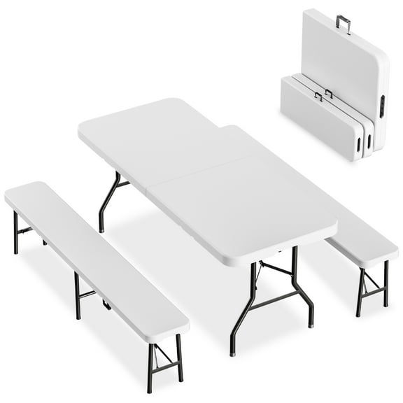 6ft Folding Table and 2 Benches Set, 3-Piece Portable Outdoor Furniture with Waterproof HDPE Tabletop, Sturdy Metal Frame & Non-Slip Surface for Camping, Picnic, Backyard & Indoor Use(White)