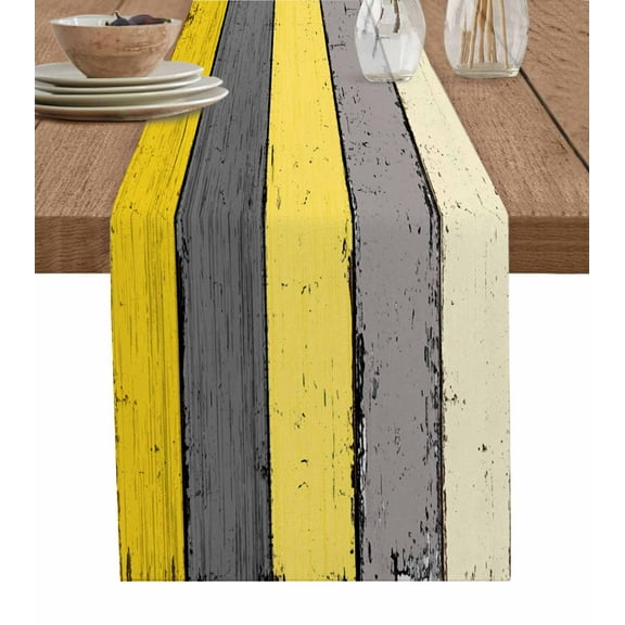 ERUNPONLY Yellow Wooden Table Runner - 120 Inch Long Grey Stripe Gradient Country Rustic Grain Cotton Linen Blended Dress Scarves Farmhouse Table Runner for Kitchen Dining, Coffee Table, 13"x120"