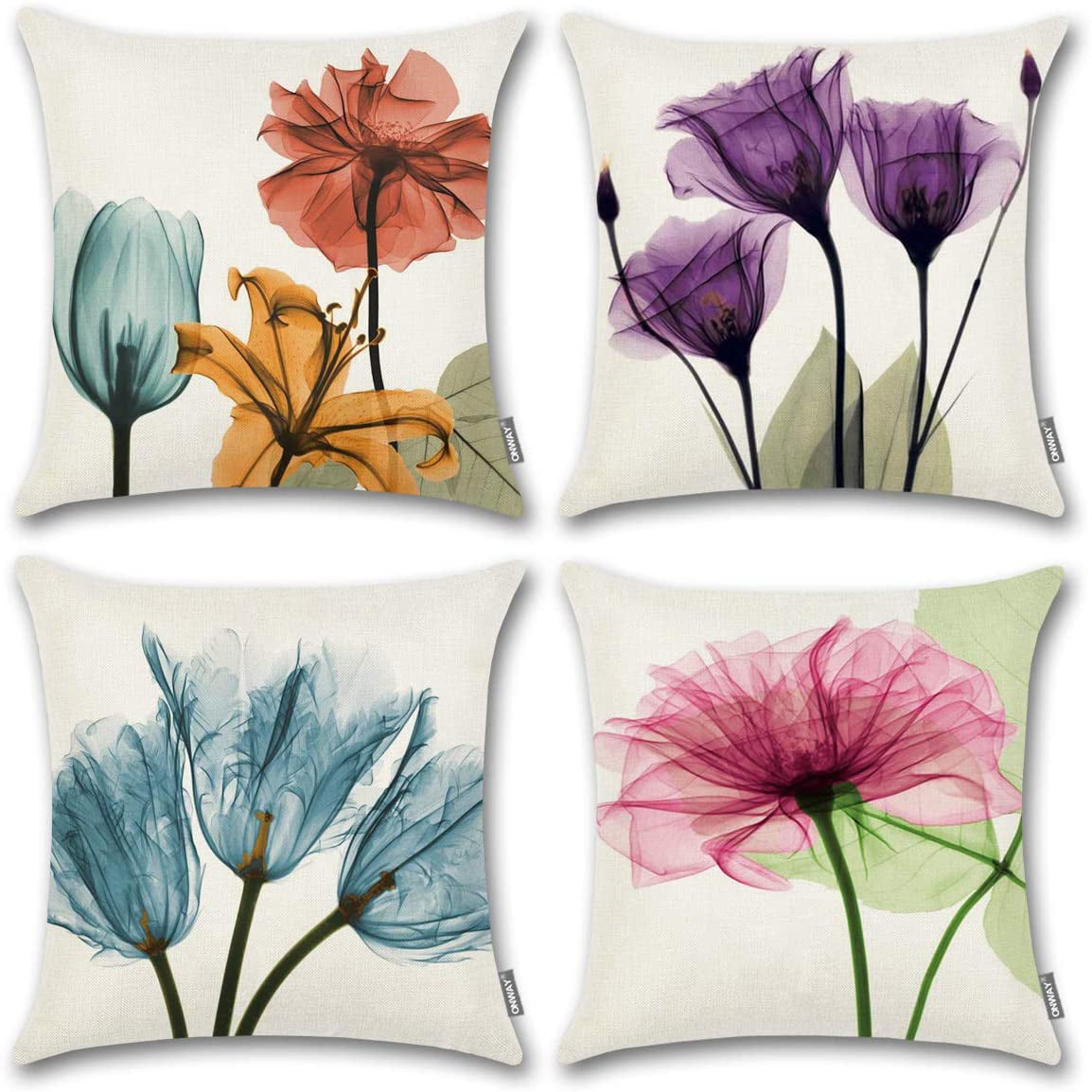 Swono Colorful Floral Pattern with Butterfly Decorative Pillow Case Cotton Linen Cushion Cover Decor 18x18 Inch Pillowcase for Home