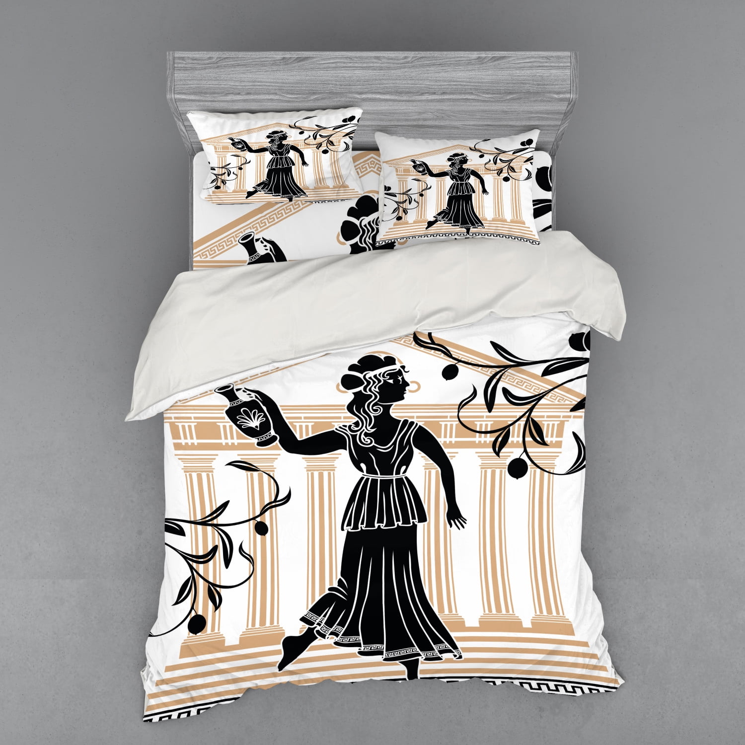 Retro Duvet Cover Set, Greek Woman with Amphora Building and Olive