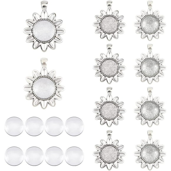 10 Sets Alloy Pendant Cabochon Sun Flower Pendant Blanks Trays Bezel Settings and Clear Glass Cabochons for Cameo Pendants Photo Jewelry Necklace and Crafts