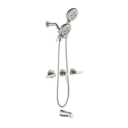 Cobbe Shower System with 5-Spray Dual Shower Head Combo, Tub Spout and 59-Inch Hose Wall Mount 3-Handle Shower Faucet Set ABS  Brushed Nickel
