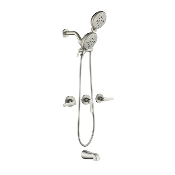 Cobbe Shower System with 5-Spray Dual Shower Head Combo, Tub Spout and 59-Inch Hose Wall Mount 3-Handle Shower Faucet Set ABS  Brushed Nickel