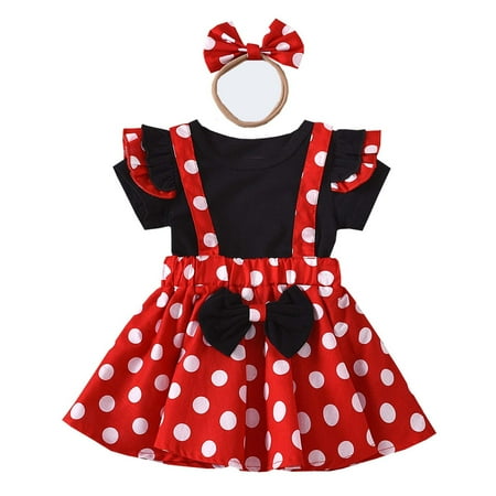 

WREESH Baby Girls 3 PCS Bow Knot Dots Dresses Ruffle Sleeve Dress Infant Toddler Clothes Headband Outfit Set Red