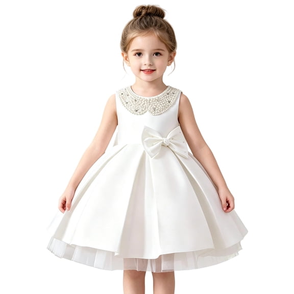Fgnfyis Girls Dress Satin Bow Sleeveless Party Performance Holiday Gown Toddler Formal Toddler Summer Dress White1 18-24 Month