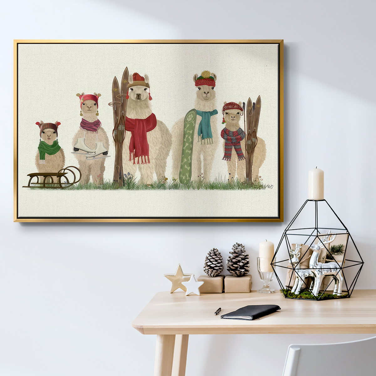 Llama Family Winter Sports - Framed Gallery Wrapped Holiday Canvas - 17 x 25 - Gold Frame